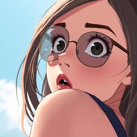 masterpiece, best quality,
close-up, 1girl, wearing sunglasses, looking over shoulder, surprised expression, shocked expression