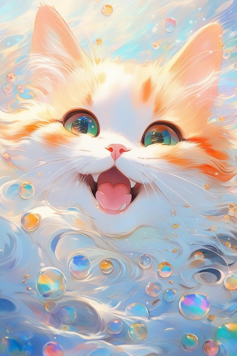 A cute white and orange cat with green eyes and a smile, surrounded by bubbles.