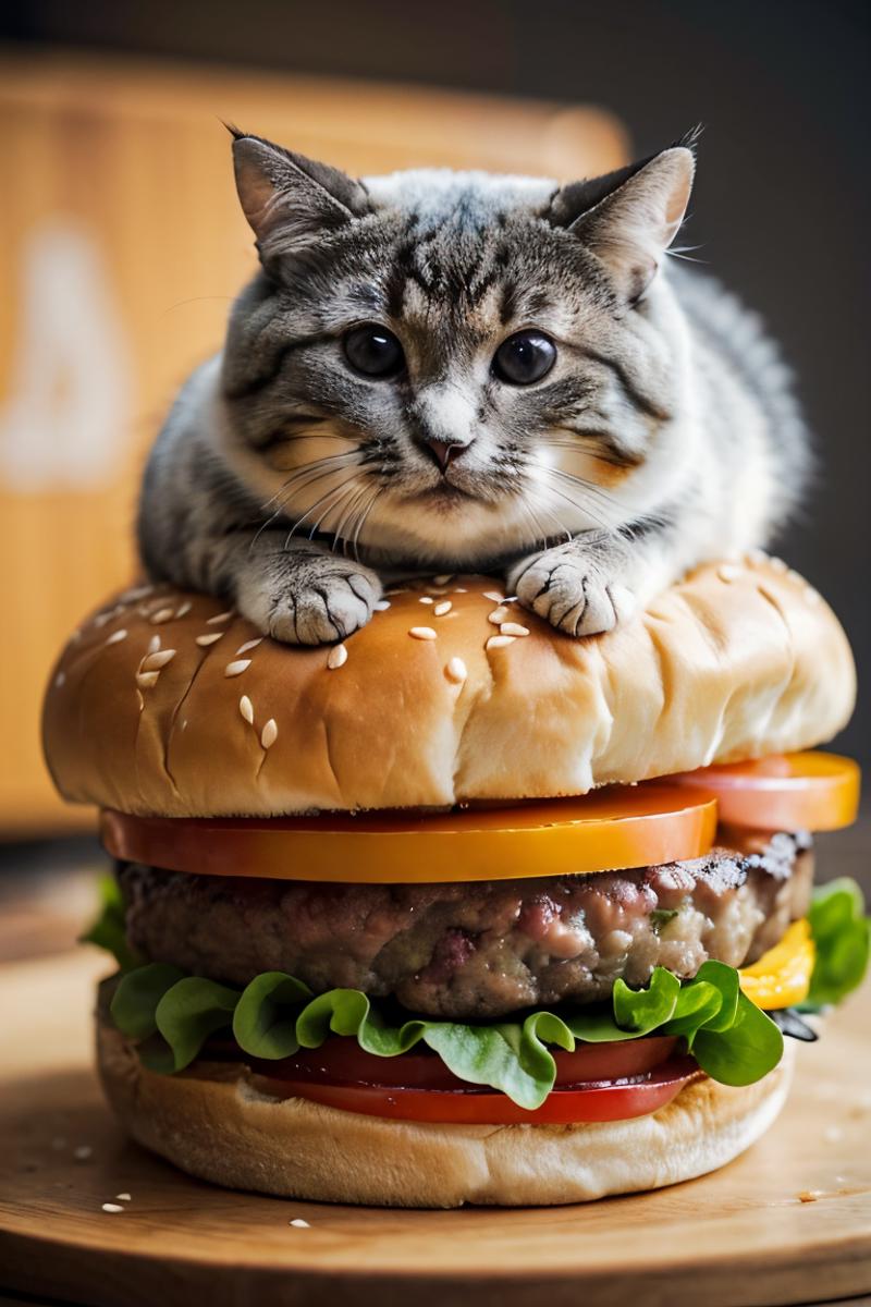 A hungry cat looking at a large hamburger.