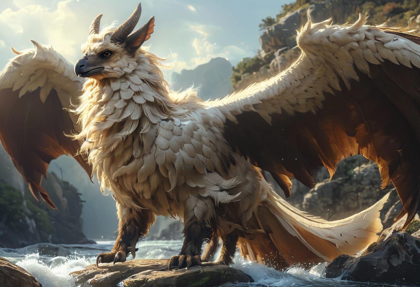 a fantastic flying beast that looks like a griffin, a llama, a panther and a bat at the same time - long neck, flattened muzzle, black, bat wings, tasseled tail, a magical white palace of an unusual shape glows in the river valley, DIGITAL ART, Magali Villeneuve style, professional art, perfect face,, masterpiecerealistic style, fantasy style, painterly style, high detail, hyper detail, low contrast, dull colors, exposure blending, HDR, faded, super detail, professional art, high detail fantasy,
<lora:Centaur_v3:1>, neutral expression, looking at viewer,
realistic, cartoon, best quality, best resolution, 4k, vivid colors, vivid, high detail, best detail