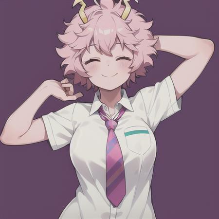 mina ashido, 1girl, solo, smile, short hair, shirt, closed mouth, school uniform, closed eyes, white shirt, upper body, pink hair, short sleeves, necktie, horns, collared shirt, star (symbol), arms up, ^_^, colored skin, pink background, red necktie, striped background, pink skin, u.a. school uniform  <lora:MinaAshidoLoRA-10:0.6>