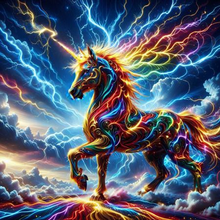lazympos, depth of field, hyperrealistic, masterpiece, Intricate Design, made of golden and blue and red and yellow and purple lightning thunder trails, lthndrtrl,
rainbow unicorn made of thunder trails, heaven background, clouds