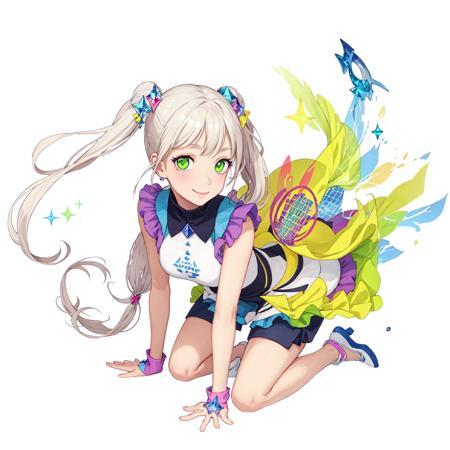 smile, twintails, (colorful), +_+, green eyes, full body, from below, (((wariza))), 