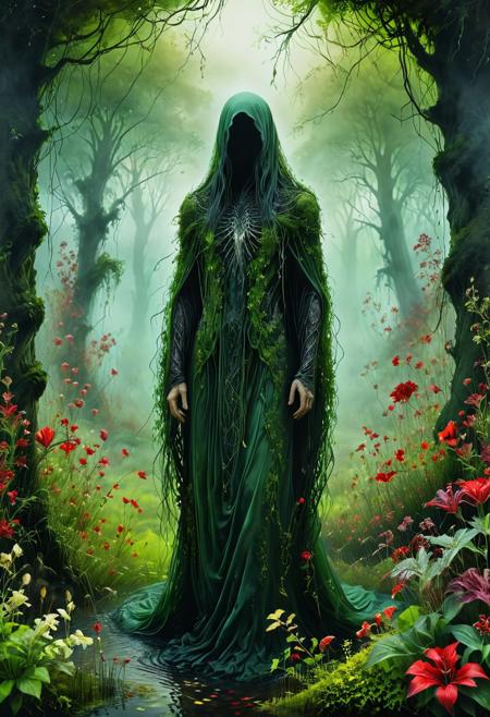 A ghostly apparition of a spectral individual standing amidst a hauntingly beautiful landscape of eerie green and dark red flowers, alongside otherworldly trees, is portrayed in this digital art piece. The person's hair appears to be composed of shimmering, ethereal spirits. The scene takes place in a swampy, mysterious setting, where spectral wraiths can be seen lurking around. This artwork is deeply rooted in the dark fantasy genre, with intricate details and meticulous craftsmanship that make it a true masterpiece. The use of soft watercolor and oil paints creates a somber, melancholic atmosphere, evoking feelings of sadness and loss in the viewer.