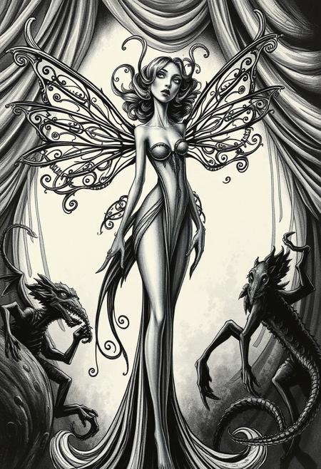 Unconventional fairy with an elongated, statuesque form, her wings intricate and baroque in design, edged with ornate filigree and curling motifs, yet her features rendered in stark, high-contrast black ink with bold shadows and exaggerated contours, a surreal blend of elegance and eerie intensity, eyes large and unblinking, hair flowing in structured, sculptural waves, surrounded by a backdrop of lavish, theatrical drapery and mythical creatures in twisted poses, dramatic lighting casting deep, sculptural shadows, atmosphere both regal and unsettling