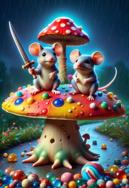 fantasy. Two little mouses sits under a toadstool on a rainy summer night. perfection style, vivid colors, colorful, Cute Animals page, gradient,colorful,too many,sky,made of marbles,too many,holding weapon,