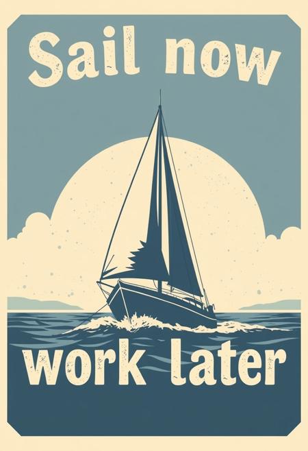 graphical art, sailboat, poster design, text "Sail now work later", vintage retro style, scandinavian
