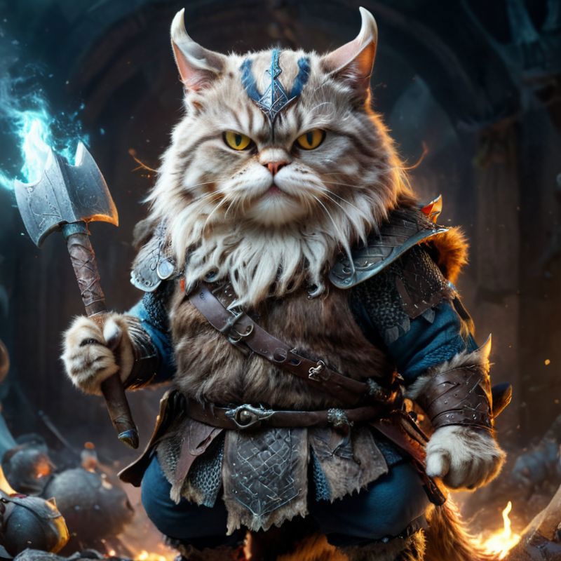 A ferocious looking cat with a sword and horns on its head.