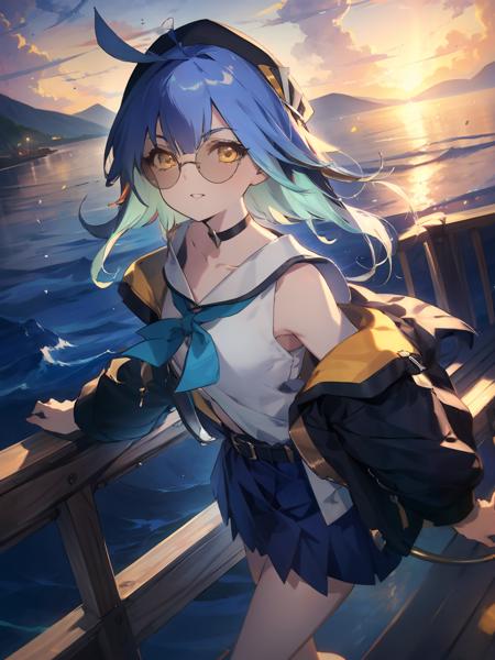 masterpiece,best quality,highres,cinematic lighting,dramatic angle,<lora:ShadowverseBarbarosV1-000030:0.8> ,1girl,blue hair,ahoge,gradient hair,messy hair,hat,hair ornament,sunglasses,jacket,white shirt,sailor collar,bowtie,belt,sheath,pleated skirt,single thighhigh,ocean,looking at viewer,sunset,bird,parted lips,smile,on boat,choker,bare shoulders,protrait,(rudder:1.4),yellow eyes,adjusting hair