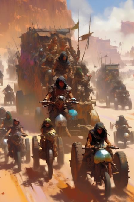 <lora:Craig Mullins Style:1>Craig Mullins Style - art by Craig Mullins, impressionism, colorful, Mad Max visuals, A caravan of battle-hardened warriors races across the harsh terrain of Bahia, their makeshift vehicles kicking up clouds of dust in their wake. Their armor is cobbled together from scrap metal and leather, and their faces are marked with the scars of countless battles. They are a fearsome sight, yet they fight for the survival of their people. Fierce, relentless, resourceful, loyal, colorful, art