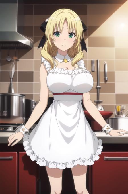 in a kitchen,
Standing at attention,(Close-Up),diffraction_spikes,sparkle,
white dress,frills,wrist_cuffs,detached_collar,frilled_dress,
 <lora:Esther_rosenthal_Accelerator-KK77-V1:0.7>,
blonde_hair, green eye,black_ribbon,hair_ribbon,
1 girl, 20yo,mature female,Beautiful Finger,Beautiful long legs,Beautiful body,Beautiful Nose,Beautiful character design, perfect eyes, perfect face,
looking at viewer,
NSFW,official art,extremely detailed CG unity 8k wallpaper, perfect lighting,Colorful, Bright_Front_face_Lighting,
(masterpiece:1.0),(best_quality:1.0), ultra high res,4K,ultra-detailed,
photography, 8K, HDR, highres, absurdres:1.2, Kodak portra 400, film grain, blurry background, bokeh:1.2, lens flare, (vibrant_color:1.2)
(Beautiful,large_Breasts:1.4), (beautiful_face:1.5),(narrow_waist),