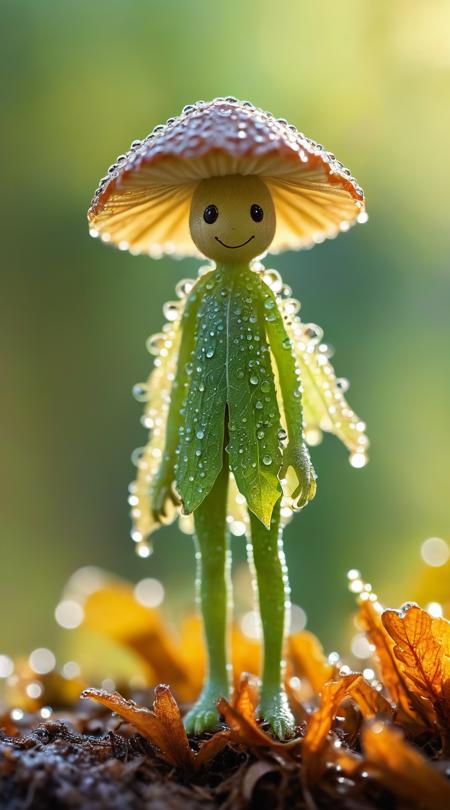 Spry leaf spirit with morning-dew cape, frolic on a mushroom, soft light, bokeh-effect leaves.