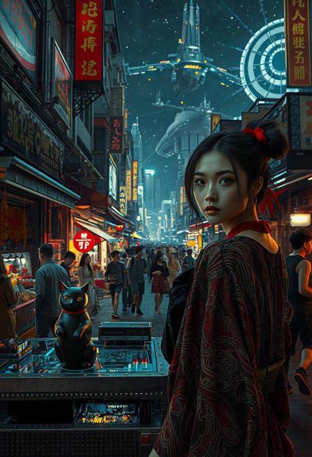 Setting is a futuristic cyberpunk street market at night, the market is comprised of street vendors selling robot parts, food, weapons, and robots.  (((((CLASSICALLY STYLIZED LIGHTING AND ARCHITECTURE FROM CHINA INDIA JAPAN FRANCE EGYPT ROME AND GREECE))))), People wearing futuristic cyberpunk clothing are walking through the street market shopping and eating, A sleek black cat with red collar sits on a cluttered metal riveted desk with transparent top and micro-LED lighted computer components visible inside, On the desk is an ebony and gold maneki neko statue and futuristic art deco lighting, (((a beautiful woman, 24 years old, is standing in the foreground FACING THE VIEWER, she has an expression of interested curiosity)))))), the sleek black cat with red collar is sitting on the desk and watching the people walking by in the busy street market, the woman is dressed in futuristic cyberpunk ECLECTIC style yukata with a low neck line alluring aesthetic. An enormous art deco inspired starship with futuristic lighting and an enormous space station are visible in the background among the stars, The woman's hair is elegantly tied up with a ribbon. Artistic cyberpunk, dynamic perspective, (((overall architectural aesthetic is Art Deco Cyberpunk))).  Epic image that elicits a feeling of wonder and awe,