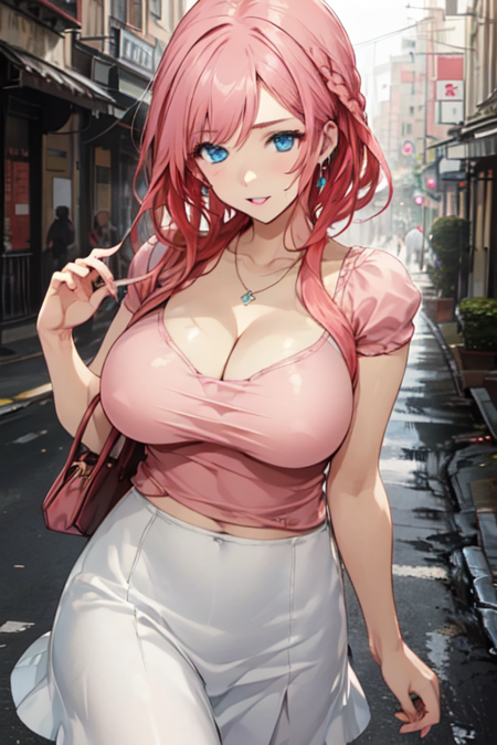 ShioriArima, 1girl, solo, long hair, blue eyes, white skirt, pink shirt, large breasts, cleavage, jewelry, pink hair, short sleeves, white pantyhose, red hair, necklace, 