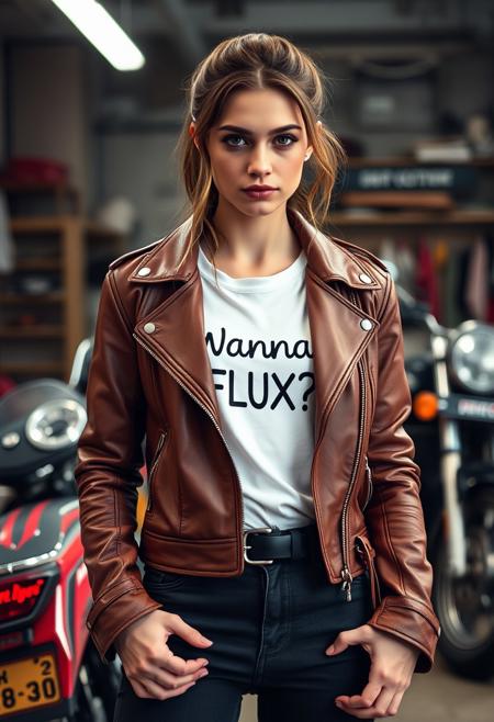 skinny girl, wearing a brown leather motorcycle jacket, white inner shirt with text printed "Wanna FLUX?", hd, motorcycle garage, raw photo, 8k, high resolution, photorealistic, cinematic
