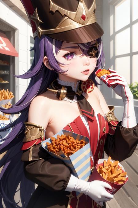 1girl,hat,shako cap,purple hair,long hair, eyepatch, purple eyes,detached collar, necktie,bare shoulders,detached sleeves,dress,white gloves,black pantyhose, garter straps,white thigh boots, gun,holding gun, food, holding, holding food, french fries, eating, 