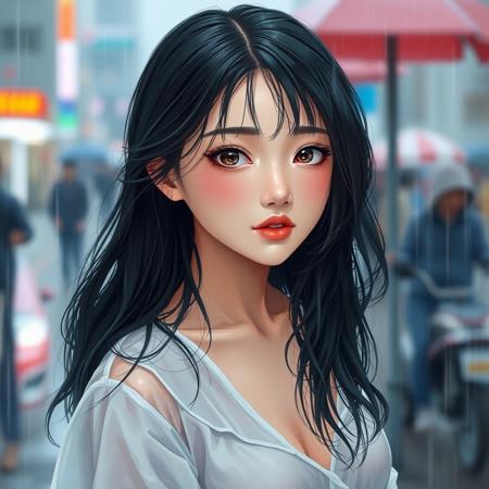 score_9, score_8_up, (high quality), highly detaily ,  Expressiveh, solo, beautiful, 1 girl, Asian, wet, a girl on the (street) on a rainy day, loose hair, black hair, bright dark eyes,  glossy lips, wet clothes, (big breasts), perfect body,  wearing a blouse and pants