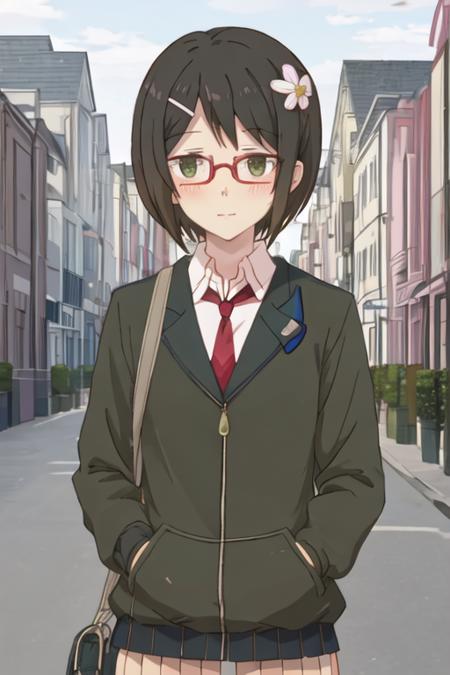 best quality, masterpiece, highres, solo, {kaede_ikeno_sakuratrick:1.15}, short_hair, hair_ornament, hairclip, blush, black_hair, brown_hair, green_eyes, necktie, 1girl, flower, glasses, hair_flower, red-framed_eyewear, closed_eyes