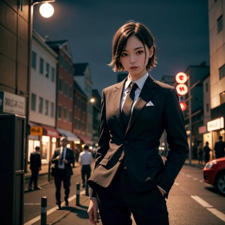 masterpiece, absurdres, high quality, realistic,
1girl, tomboy, suit and tie, standing, (short hair:0.5),
street, moonlight, night