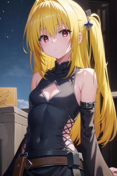 toloveruyami, <lora:yami darkness-lora-nochekaiser:1>, 
yami, (yellow hair:1.5), long hair, (red eyes:1.5), (hair ornament:1.2), two side up, (small chest:1.2), 
BREAK sleeveless, detached sleeves, dress, black dress, black skirt, clothing cutout, cleavage cutout,
BREAK outdoors, night, sky, star \(sky\), moon,
BREAK looking at viewer, (cowboy shot:1.5),
BREAK <lyco:GoodHands-beta2:1>, (masterpiece:1.2), best quality, high resolution, unity 8k wallpaper, (illustration:0.8), (beautiful detailed eyes:1.6), extremely detailed face, perfect lighting, extremely detailed CG, (perfect hands, perfect anatomy),