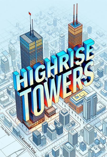 Create a book cover called ("The Architecture of Highrise Towers"), the letters of the title are 3D in the shape of highrise buildings overlooking a sketch plan of a city in USA viewed from an isometric high angle, with the letters stacked on top of each other, the ("THE") is a building, ("ARCHITECTURE") is a taller building, ("OF HIGHRISE TOWERS") is another all building with the letters stacked vertically on top of each other to form the shape of the building.
 The book cover has vivid colors with a color metallic and blue color pallette very well rendered and extremely detailed, at the bottom are the name of the author ("Arch. Konrad King) written in a architectural sketch font.