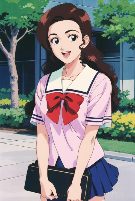 Inoue Ayako,hat, shirt, pink shirt, smile, baseball cap, upper body, ponytail, retro artstyle,1990s \(style\),brown hair,backwards hat,