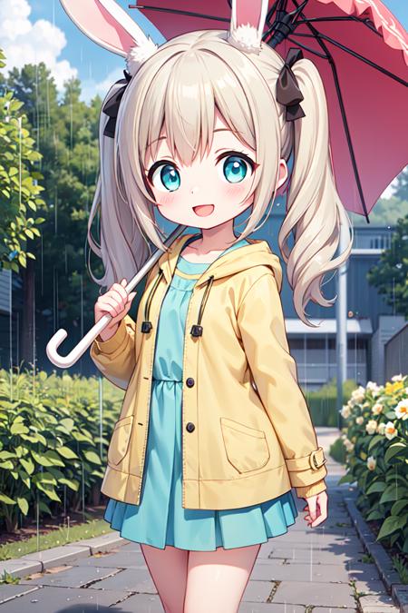 (masterpiece, best quality, ultra-detailed, best shadow), (extremely detailed CG unity 8k wallpaper:1.2), 1girl, (long twintails), (blonde hair:1.2), (wavy hair:1.1), (small breast:1.0), (round face:1.2), (happy:1.0), (aqua eyes:1.2), (kawaii:1.2), (chibi:1.2), (open mouth:0.8), (looking at viewer:1.2), (smile:1.0), (shiny skin:1.2), BREAK, (road:1.1), (garden:1.1), (rainy:1.2), (blue sky:1.2), <lora:eyecolle_isotoma_v100:0.7>, (barelegs:1.0), (walking:1.2), (cowboy shot:1.2), (yellow raincoat:1.1), (aqua skirt:1.1), (frill:1.1), (rabbit ears:1.2), (holding umbrella:1.1)