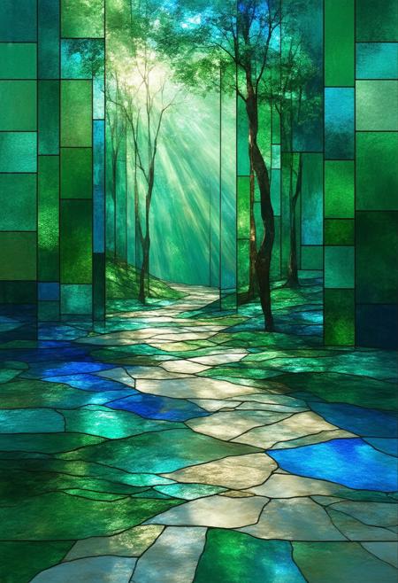 An expansive and dreamlike artwork, depicting an abstract landscape rendered entirely in a stained-glass style, exploding with fragmented perspectives and a symphony of color, realized in a Cubist vision. The composition pulses with vibrant, unnatural hues â emerald green, sapphire blue, molten gold â sharply contrasted by stark black outlines and a pervasive, internal glow radiating from the fractured glass segments. Multiple viewpoints converge, revealing a sense of boundless depth and layered complexity within the seemingly fragmented terrain. Subtle photorealistic detailing â the subtle texture of the glass itself, the reflection of light across the planes, the delicate patterns within the color fields â is meticulously integrated with the geometric fragmentation, blurring the line between abstraction and tangible reality. A soft, kaleidoscopic glow emanates from within the stained-glass elements, intensifying the sense of otherworldly beauty and boundless imagination. Ultra detailed, 8k resolution, volumetric lighting, octane render, a visually arresting and emotionally charged composition, transcending traditional landscape representation and embracing the boundless possibilities of artistic expression.