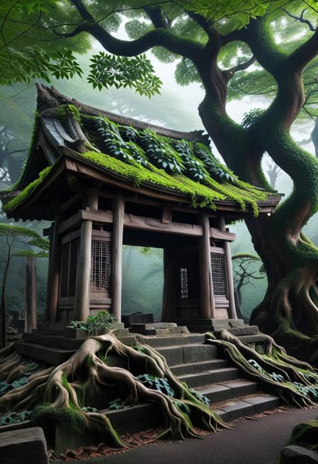 8k, PG-TR, Raw digital photo, Ancient dilapidated Japanese shrine wrapped in old tree ivy, thick fog, Full Colour, 80mm, simple dark background,
