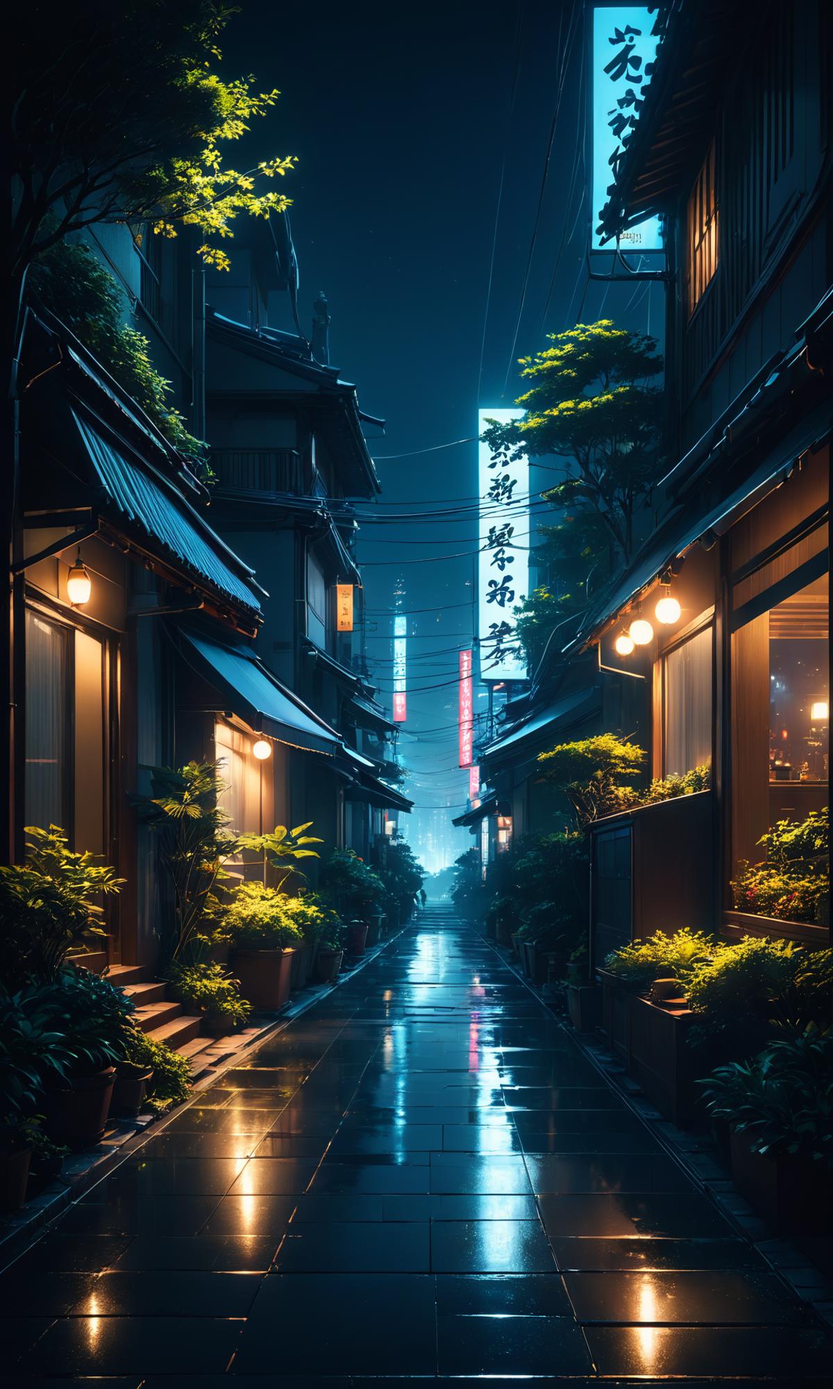 A Nighttime Walk Down An Alleyway Between Buildings