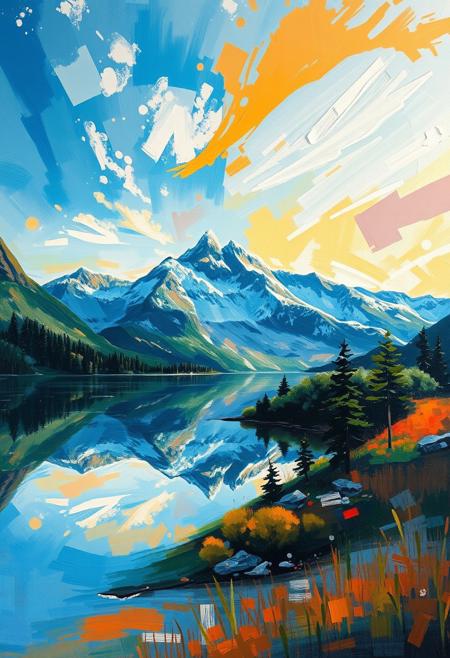 A mountain lake reflecting the sky, the brushwork capturing both serenity and dynamic natural energy
expressive post-impressionism meets luminous American impressionism, rich and vibrant color palette, bold and dynamic brushstrokes, textured and layered paint application, atmospheric lighting, fluid yet structured compositions, interplay of light and shadow, natural landscapes imbued with energy and movement, soft yet radiant color harmonies, painterly storytelling, depth through color and texture, fusion of expressive Canadian landscapes with delicate impressionist luminosity