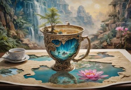 best quality double exposure complex surreal painting on cracked paper, 
macro microworld hyperdetailed insanely detailed surreal tiny genie spirit creature, 
flying oasis landscape placed inside cup on the table in room . waterfall, 
lotus flowers, 
temple palms desert filigree, 
table cinematic, 
big eyes 32k, 
by Rockwell, 
WLOP Ryniac, 
Craola, 
Disney, 
van Gogh, 
highly detailed, 
intricated, 
intricated pose, 
high quality, 
centered, 
perfect composition.