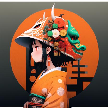 oniNFT, 1girl, solo, black hair, jewelry, earrings, mask, red eyes, japanese clothes, letterboxed, kimono, profile, mask on head, floral print, from side, horns, tassel, hair ornament  <lora:oniNFT-block:1>