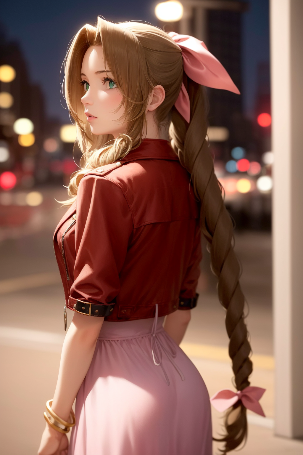 masterpiece, realistic, hyperrealistic, best quality, aerith gainsborough, cropped jacket, hair bow, bracelet, pink dress,...