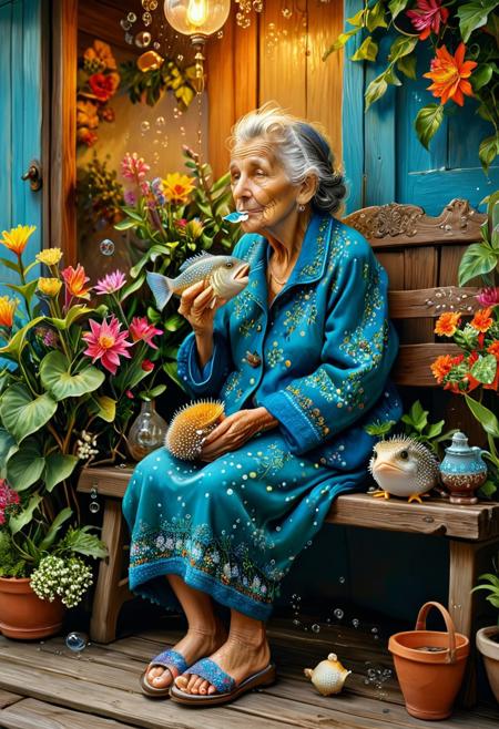 A hyperrealistic, wet oil painting depicts an old woman seated on a wooden bench. Wearing slippers and holding a pufferfish in front of her mouth to create numerous bubbles, she exudes warmth and friendliness.
The background features a home with a floral patterned curtain, a lamp, and a potted plant. The artwork is characterized by vibrant colors and intricate details. The resolution of the image is 4K UHD, providing a high-quality, immersive visual experience.