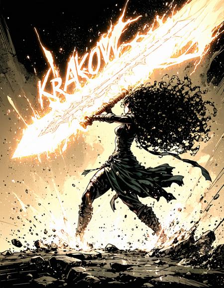 A wild-haired warrior woman swinging a massive glowing sword, her battle cry visible as a jagged âKRAKOWâ sound effect. Comic book fantasy style, exaggerated muscle tension, thick outlines with ink splatter details, and a split-second frozen pose with motion blur.