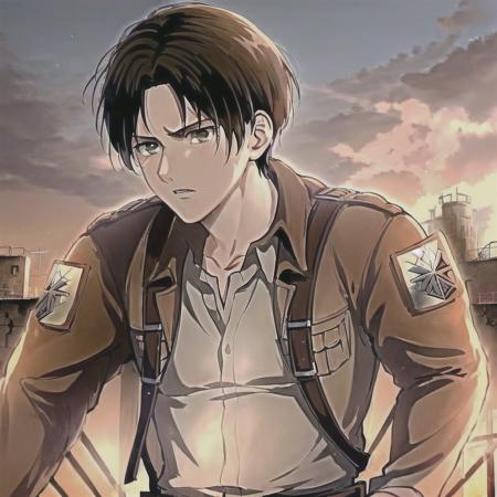 1boy,<lora:Eren Yeager:0.6>,(attack on Titan),( Eren_Yeager facing titan),brown hair,deployment gear,high quality,masterpiece,detailed hands,detailed face,huge filesize,(godrays:1.3),sun,whole body,destroyed city,high wall,(intense coulours:1.3),(vibrant colours:1.4)