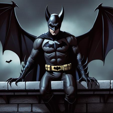 Dark Fantasy Art of  <lora:comic book magazine:1>
a Man-Bat with bat claws and bat face and bat ears and bat wings standing on a ledge comic book magazine style, dark, moody, dark fantasy style