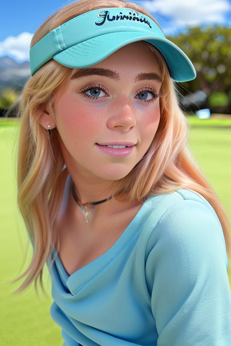 a beautiful young blonde woman in a pastel blue sweatshirt, on a golf course paradise, (upper body, close up), [smiling], candid, amateur, (raw, 8k, uhd, fujifilm xt3), sharp focus, [natural skin, highly detailed face], <lora:graceCharis:1>