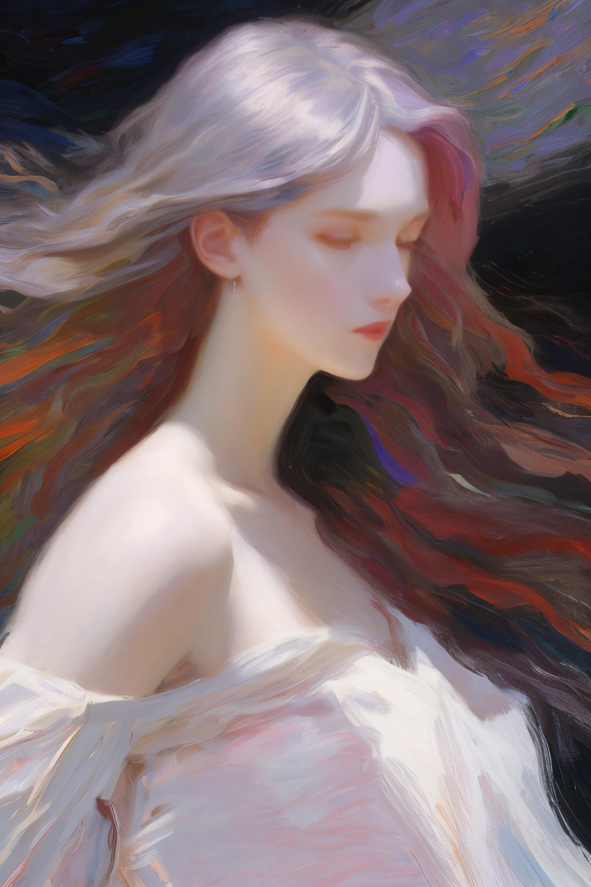 An artistic portrait of a woman with long red hair, painted in vibrant colors and featuring a close-up of her face.