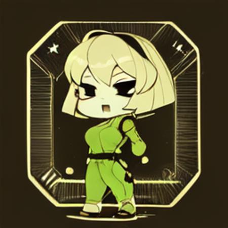 <lora:VaultGirlV2-000012:1>, Vault_girl,  Vault_jumpsuit,, 1girl, breasts, solo, short_hair, (chibi:1.2), (green_hologram, video game ui,  thick green outline, monochrome:1.2), black_skin