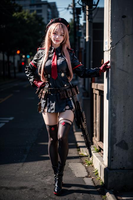 best quality, masterpiece, realistic, (photorealistic:1.4), 1girl, solo, full body, looking at viewer, smile, standing, rapi cosplay costume, cosplay, ammunition belt, bullet, hat, necktie, gloves, thighhighs, boots, holding weapon, holding gun, detailed background, wall, night, <lora:nikke_rapi_cosplay_costume_v1:0.7>