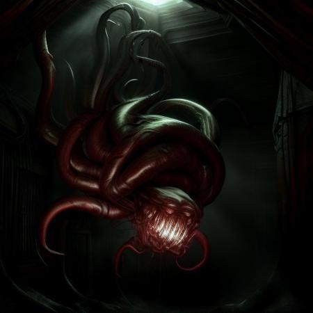 Realistic, horror style, illogical creature with rotten skin, crawling upside down on the roof of a dark basement, with light ray, gore aesthetic, scary, 6 arms, view from the bottom
