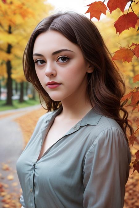 medium shot color photograph of beautiful 20 years old woman ImogenD, unbuttoned sheer shirt, autumn, falling leaves, medium breasts, hyper realistic photograph, detailed collarbones, detailed face, body shot, perfect proportions, face in frame, film grain, Eye contact, Kodak portra 800, f1.8, --ar 2:3 --beta --upbeta