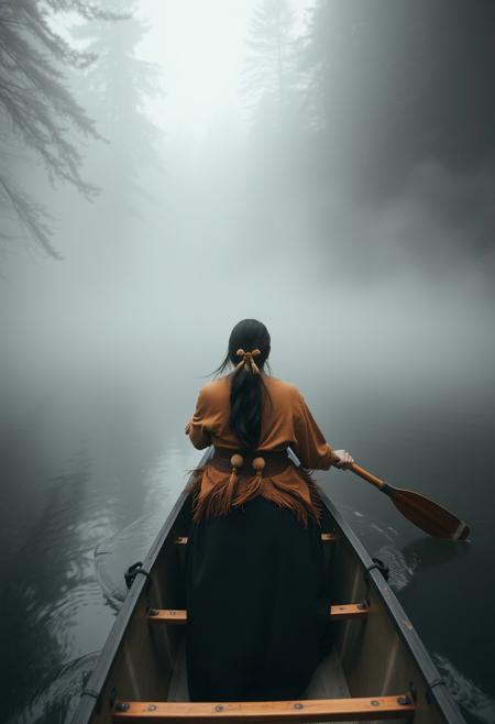 beautiful woman, Native American, wearing deerskin clothes, hair ornament,  paddling a canoe through thick fog along a river through the forest