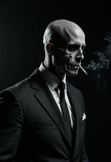cinematic, closeup, side view, portrait of a depressed, bald, skeleton man, musculature system visible, bone, smoking a cigarette, business suit, in a dark studio, smoky, (contrast), monotone, greyscale, b/w, Nikon Z9, realistic matte skin, skin texture visible, (sharp focus), (high quality), 4k, noir,
