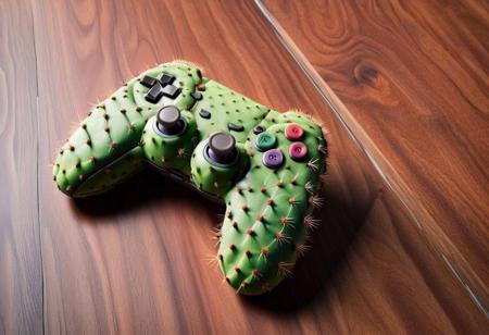 Video game controller with cactus buttons, in a table in a livingroom