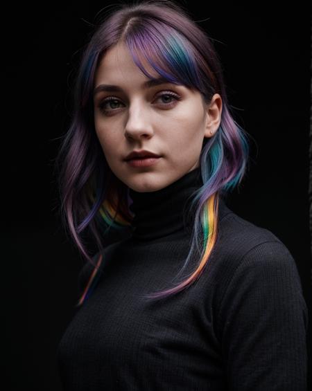 super cute rainbow hair woman in a dark theme stunning intricate full color portrait of (sks woman:1),wearing a black turtleneck,epic character composition,sharp focus,natural lighting,subsurface scattering,f2,35mm,film grain,top,shorts,round face,make up,eyeliner,backlight,