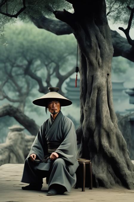 <lora:Director Zhang Yimou style:1>Director Zhang Yimou style - An ancient Chinese man wearing a straw hat was drinking tea under a tree, with his back leaning against the tree, facing away from the camera, leaning sideways and wearing a gray cloth suit. He had a martial arts temperament with a gray color tone and high contrast, inspired martial arts film "Shadow". The composition was atmospheric and majestic, and on the other side of the man was an open grassland. In the distance, there was a mountain, and the characters were far from the camera. The Chinese tea set, and the man looked like Chinese actor A cloudy day without sunlight,, Asymmetrical Composition, Long Shot, Cinematic light, The low-purity tone, 16K Resolution, cinematic, wuxia, Postmodern Photography