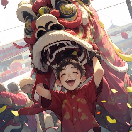 open mouth, male child, smile, 1boy, closed eyes, confetti, male focus, child, brown hair<lora:chinesefestival:0.8>